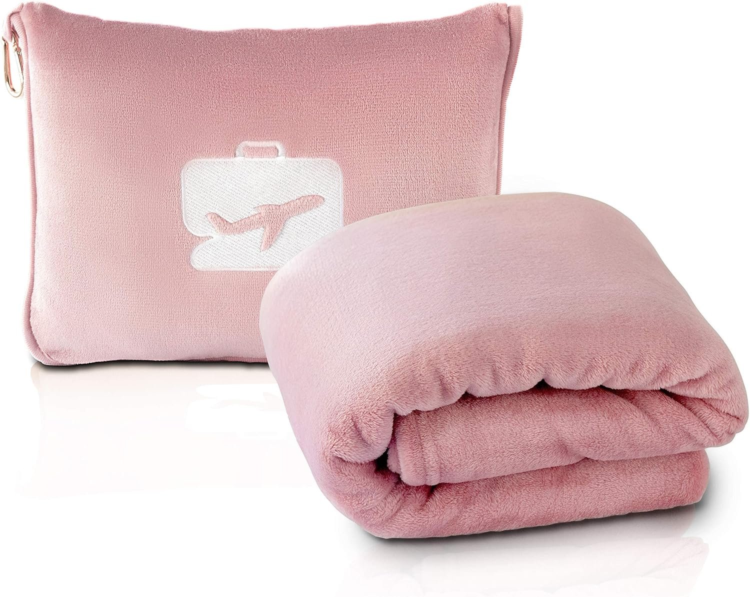 EverSnug Travel Blanket and Pillow – Ultra-Soft, Compact & Lightweight, 65×40 Inches, with Carry Case, Luggage Sleeve & Backpack Clip for Airplane Comfort (Light Pink)