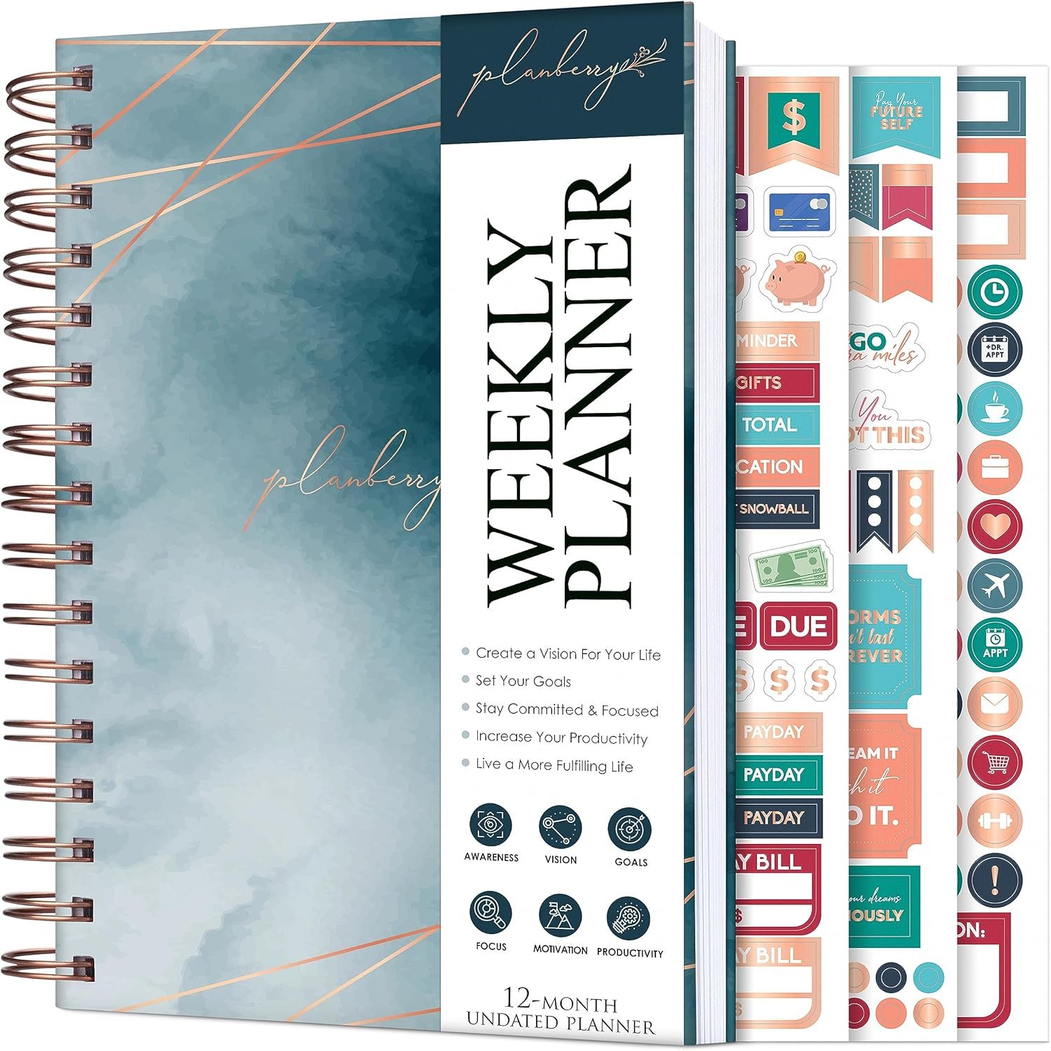 PLANBERRY Weekly Planner – Undated Life Organizer & Budget Planner – Time Management, Goal Setting, To-Do List, Work-Life Balance & Habit Tracker – 6.1″ x 8.1″ (Ocean Depths)