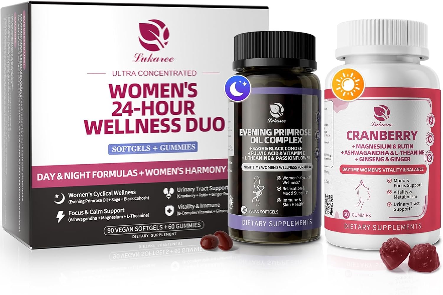 Lukaree Evening Primrose Oil & Cranberry Wellness Duo – Supports Urinary Health, Hormonal Balance, Skin Health, Stress Relief, and Relaxation – Daytime Clarity & Nighttime Calm – 30-Day Supply