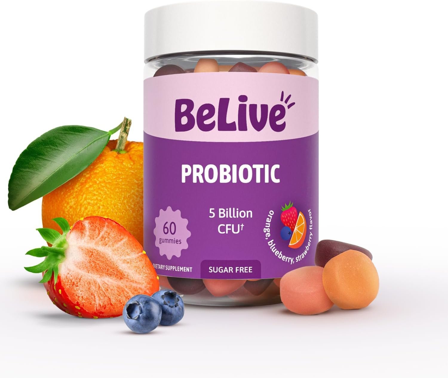 BeLive Probiotic Gummies – Probiotics with 5 Billion CFUs for Digestive Health, Men, Women & Kids – for Immune Support, Sugar Free & Vegan | 60 Ct – Blueberry, Strawberry & Orange