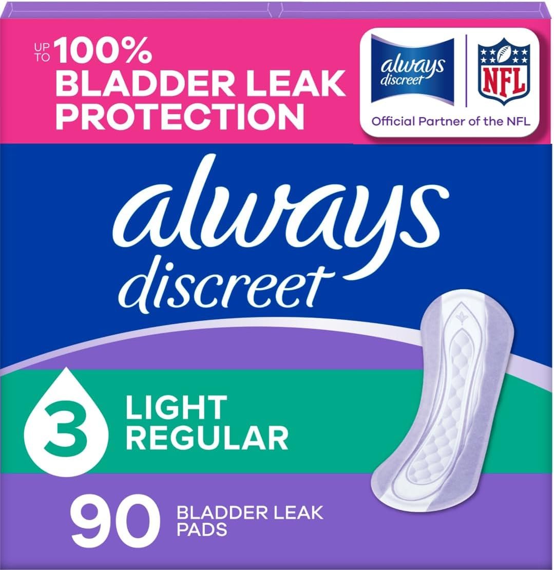 Always Discreet Adult Incontinence Pads for Women, Drier, 3 Drop Regular Length, Light Absorbency, Pads for Bladder Control Management, Bladder Leaks, & Postpartum Pads, 90ct