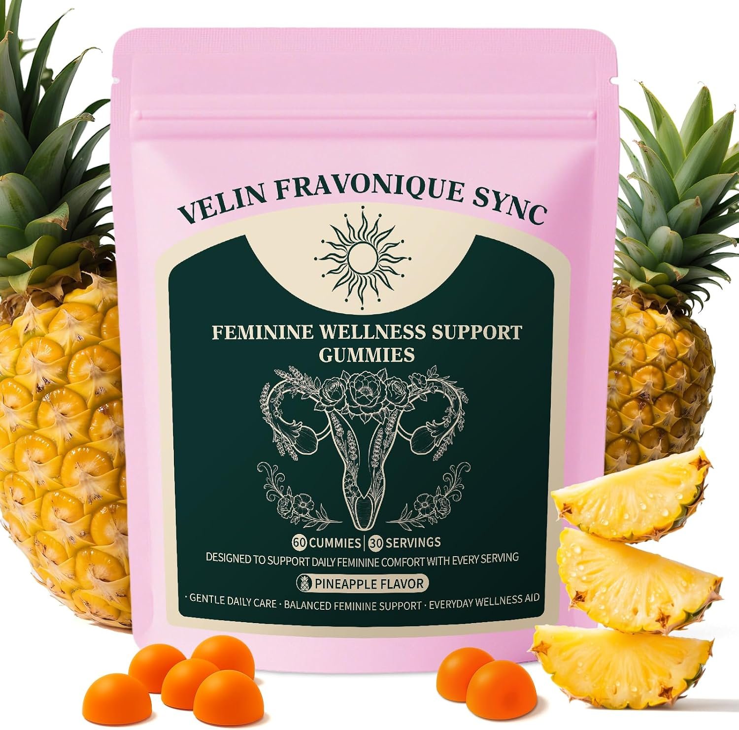 Probiotic Gummies for Women, pH Balance, Vegan, Pineapple, 60 Count | Probiotic formula for feminine wellness and pH balance, with a tropical pineapple flavor; vegan and gluten-free, 30 servings