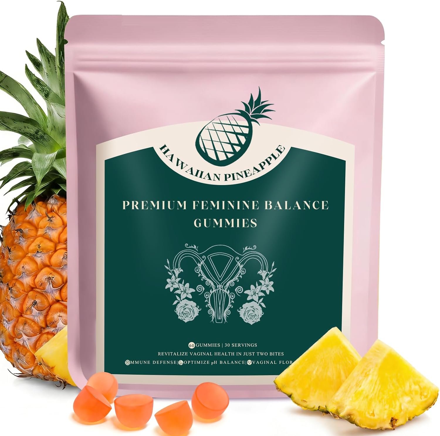 Premium Feminine Balance Gummies, Pineapple Vaginal Probiotics for Women, pH Balance Feminine Gummies for Immune Support, Vegan & Gluten Free, 60 Count (30 Servings)