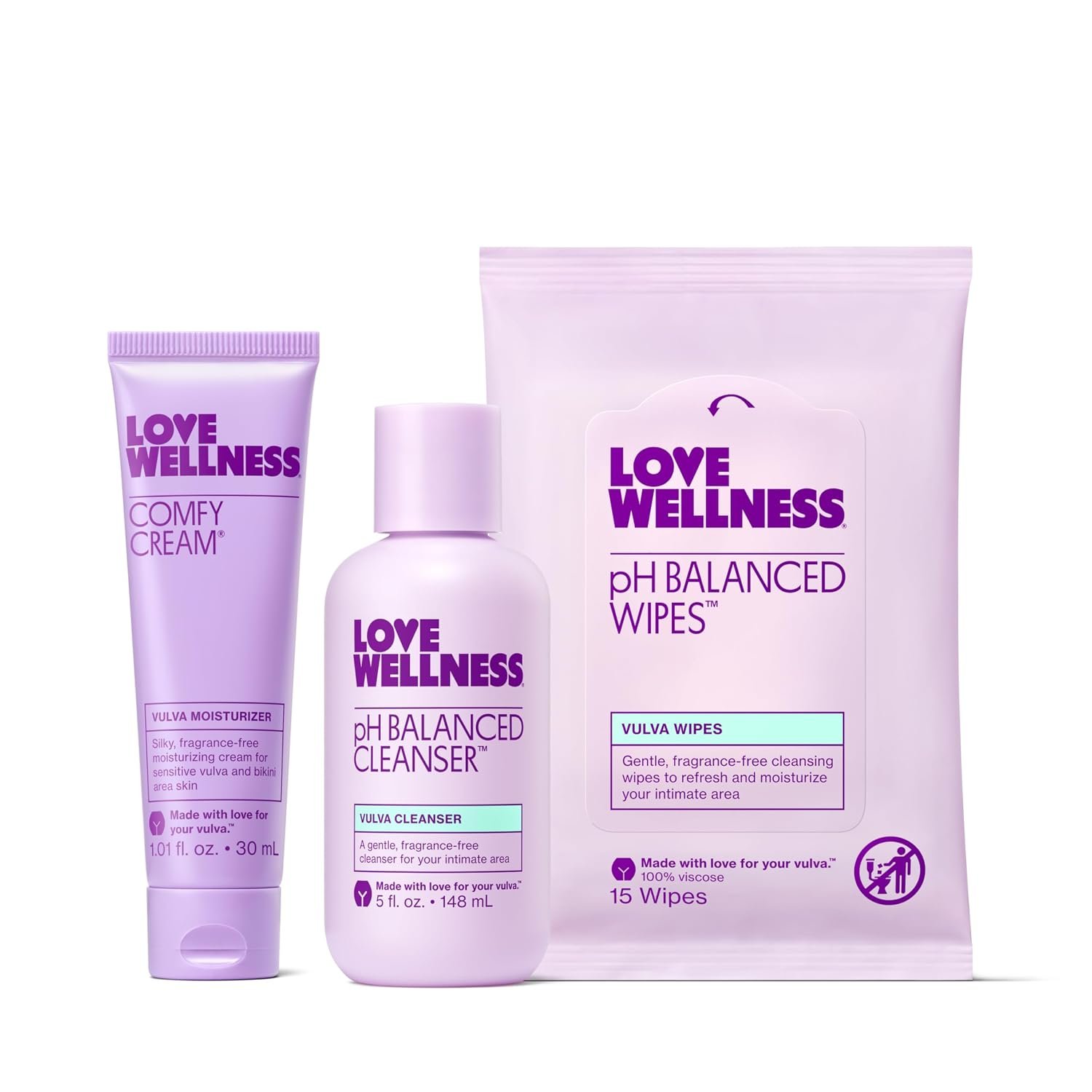 Love Wellness | Feminine Bundle | Cleanser, Cream & Wipes | Fragrance-Free | Down there skincare, 3-piece bundle, pH balanced cleanser, Moisturizing cream, Refreshing wipes, Sensitive skin, Daily use