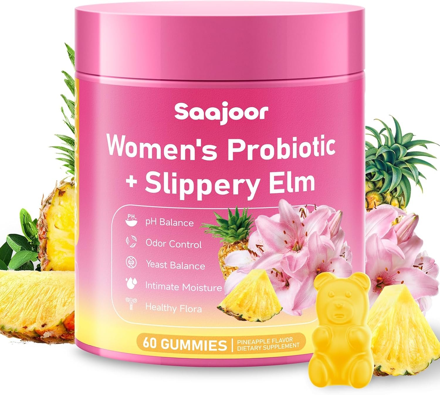 Women Probiotic Slippery Elm Gummies – Supports pH Balance, Digestive & Immune Health, Natural Pineapple Flavor, 60 Count