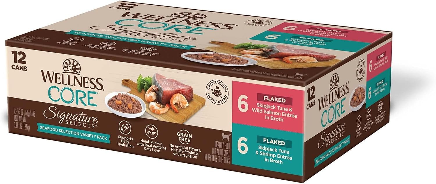 Wellness CORE Signature Selects Variety Pack Adult Canned Wet Cat Food, Natural, Protein Rich, Grain Free, Seafood Recipes, 5.3 oz, Pack of 12 Cans