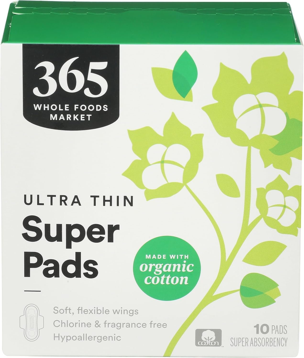 365 by Whole Foods Market, Ultra Thin Pads, Made with Organic Cotton Pads, Super, 10 ct