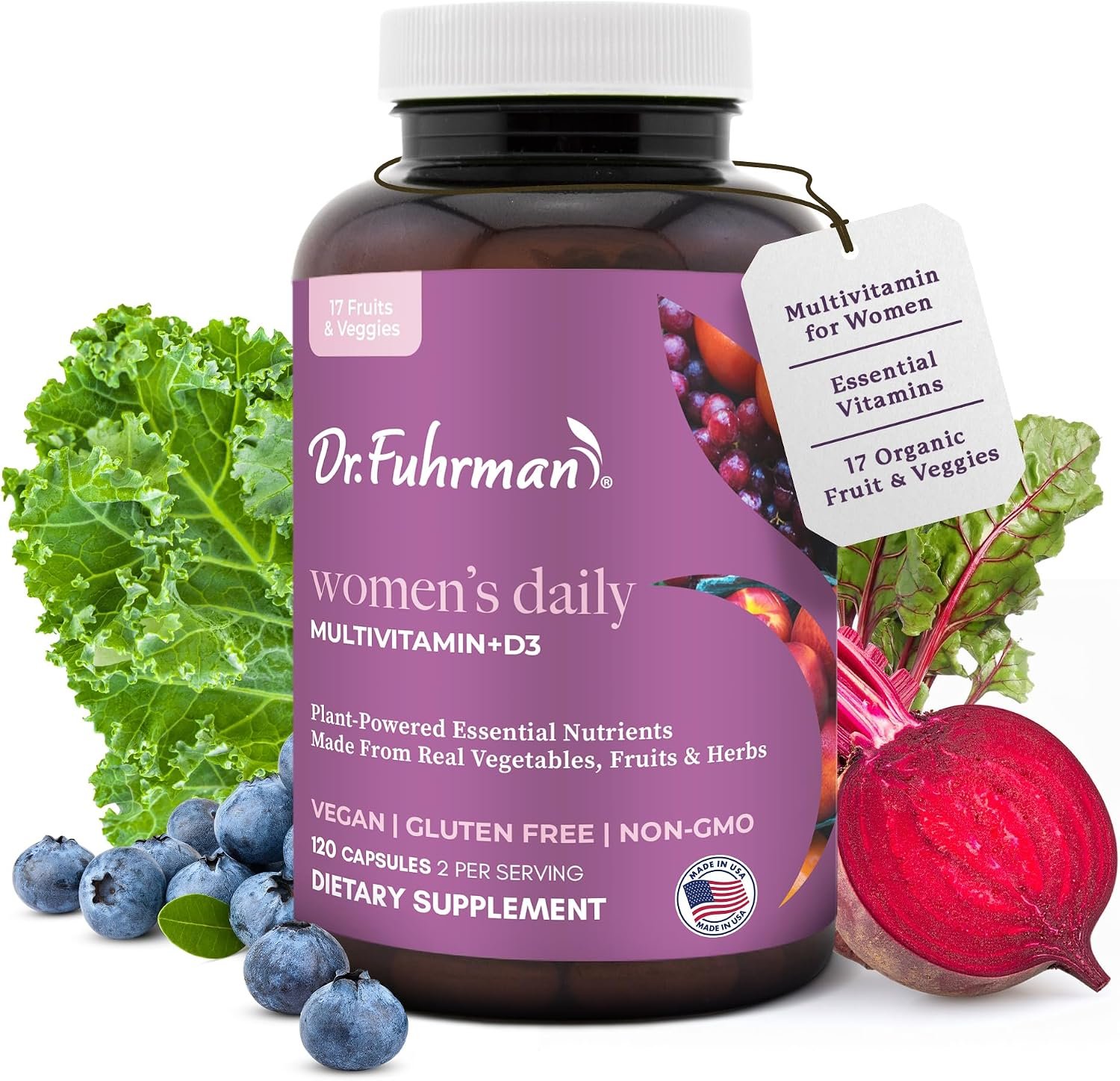 Dr. Fuhrman 2 Month Supply Multivitamin for Women + D3 Vitamin for Immune Support | Vegan Formula Womens Multivitamin with B12 & Zinc | Whole Food multivitamin with 17 Fruits & Veggies | Non GMO