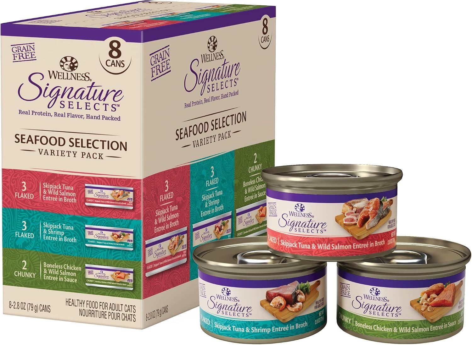 Wellness CORE Signature Selects Variety Pack Adult Canned Wet Cat Food, Natural, Protein Rich, Grain Free, Seafood Recipes, 2.8 oz, Pack of 8 Cans