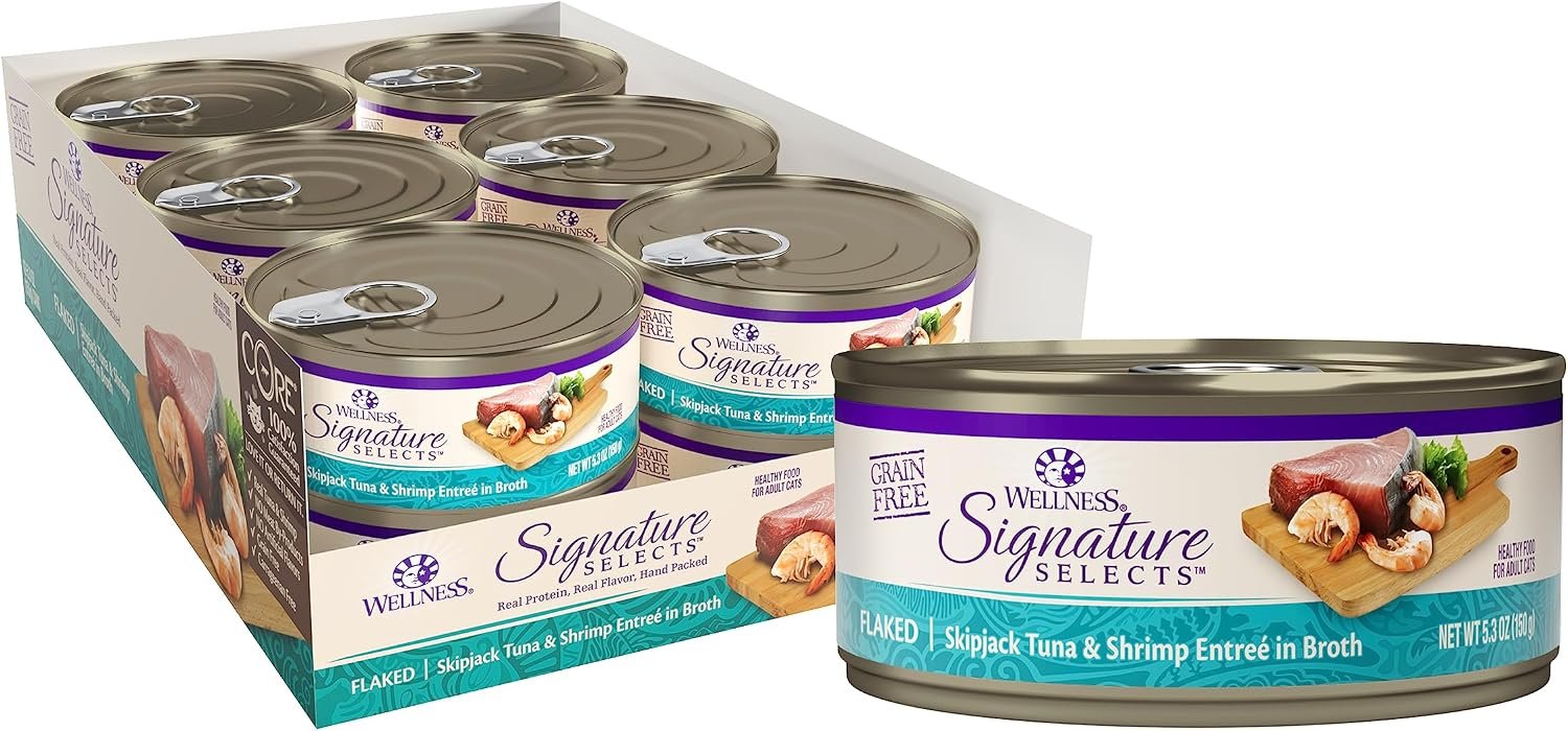 Wellness CORE Signature Selects Shredded Adult Canned Wet Cat Food, Natural, Protein Rich, Grain Free, Skipjack Tuna and Shrimp Entrée Recipe, 5.3 oz, Pack of 12 Cans