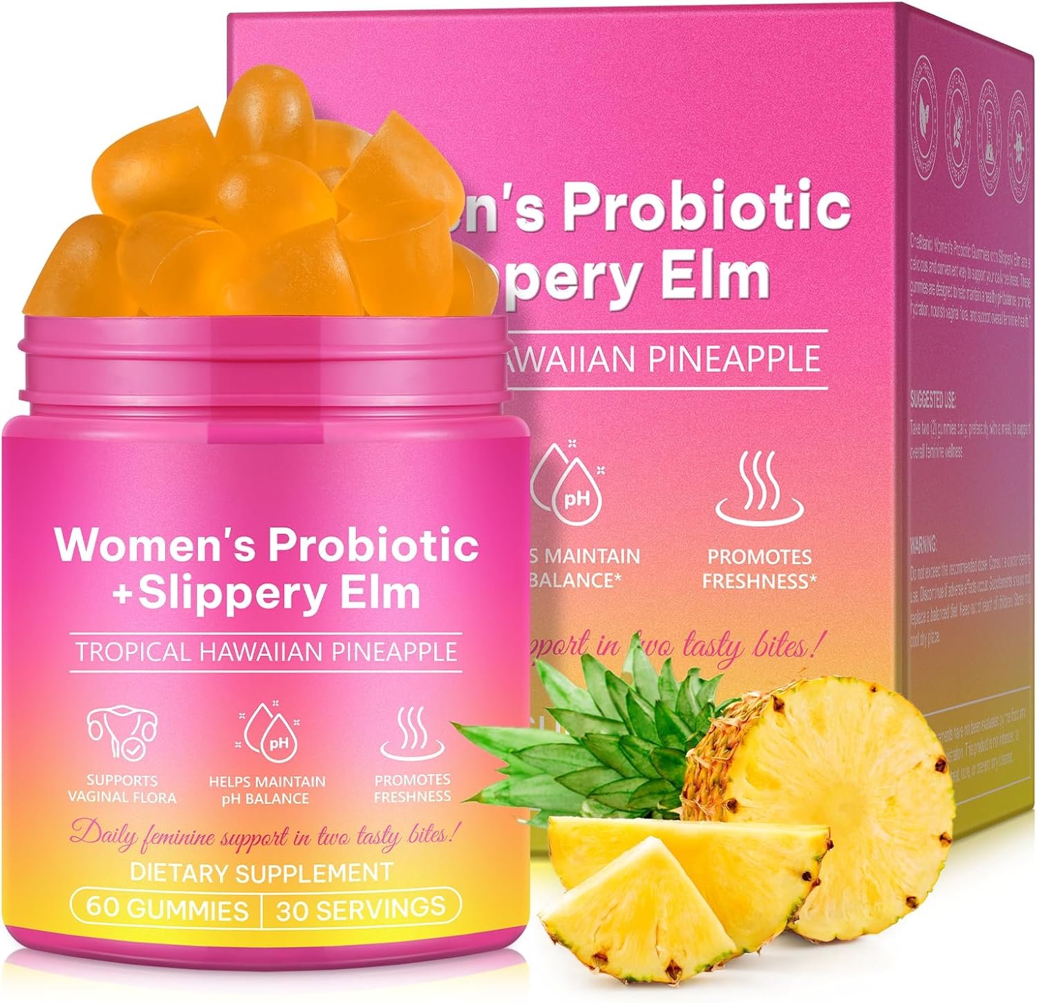Feminine Probiotics Gummies,With Slippery Elm & Prebiotic Fiber,Probiotic Health Support,PH Balance Gummies for Women,Promotion of Womens Health,Natural Pineapple Flavor,Vegan,Gluten-Free,60 Count