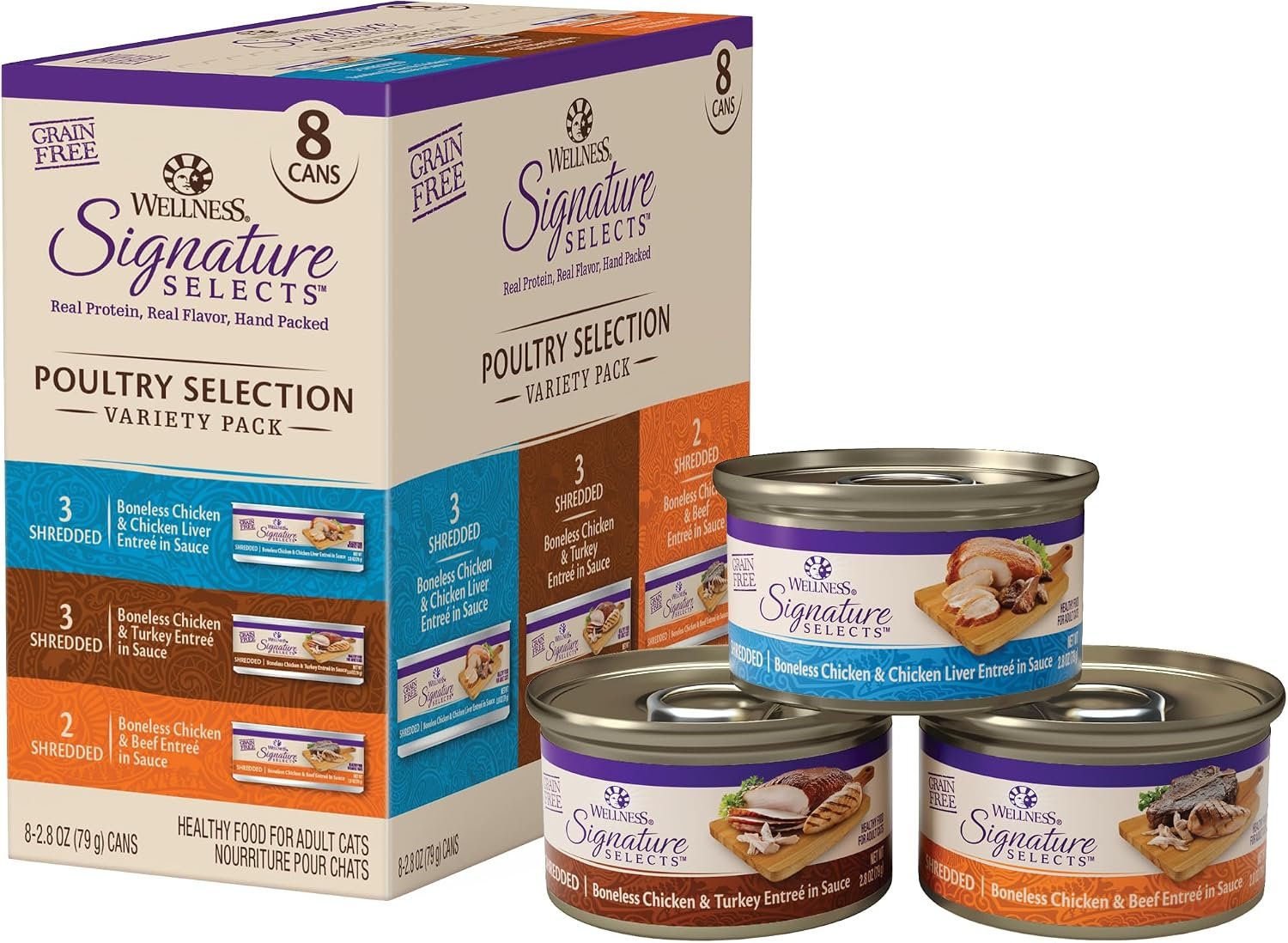 Wellness CORE Signature Selects Variety Pack Adult Canned Wet Cat Food, Natural, Protein Rich, Grain Free, Poultry Recipes, 2.8 oz, Pack of 8 Cans