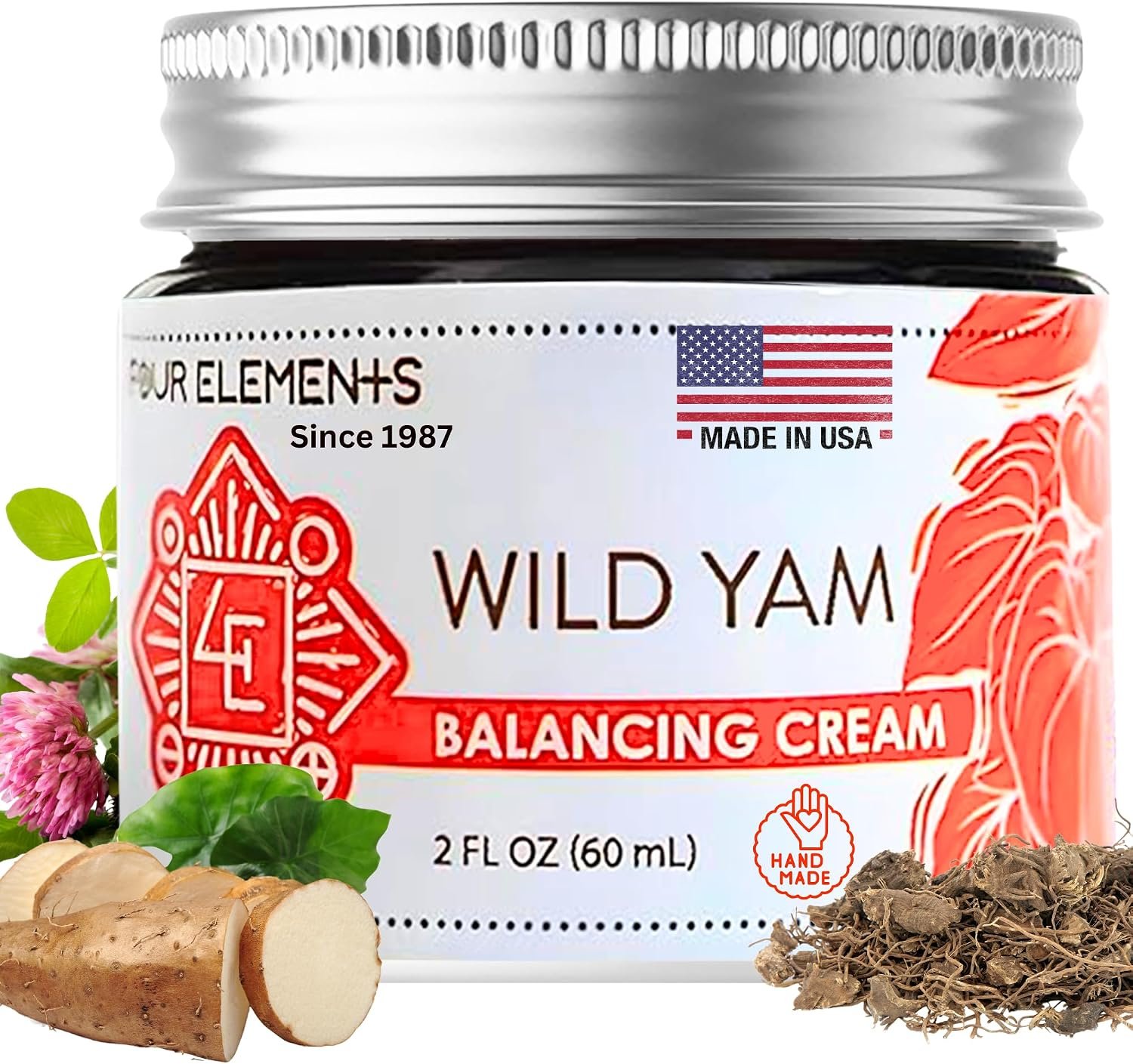 Four Elements Wild Yam Balancing Cream 2oz | Organic Yam Root for Women | 2023 Herb Symposium Award Winner | Black Cohosh, Red Clover Blend Vitex, Shea Butter & Beeswax | USA Made | All Skin Types